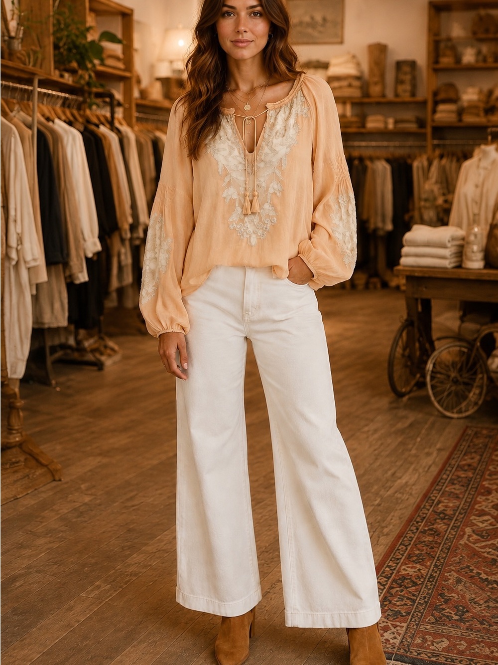 Free People Embroidered Boho Peasant Blouse Balloon Sleeve Top L